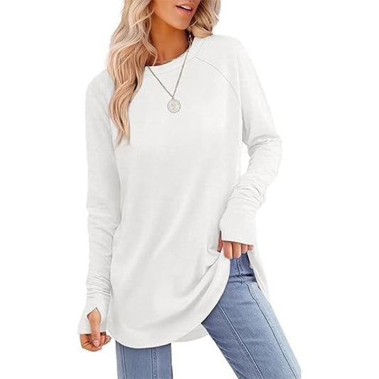 Womens Tunic Tops to Wear with Leggings Long Sleeve Thumb Hole Shirts Crew Neck Curved Hem