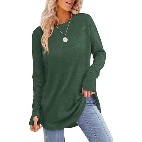 Womens Tunic Tops to Wear with Leggings Long Sleeve Thumb Hole Shirts Crew Neck Curved Hem