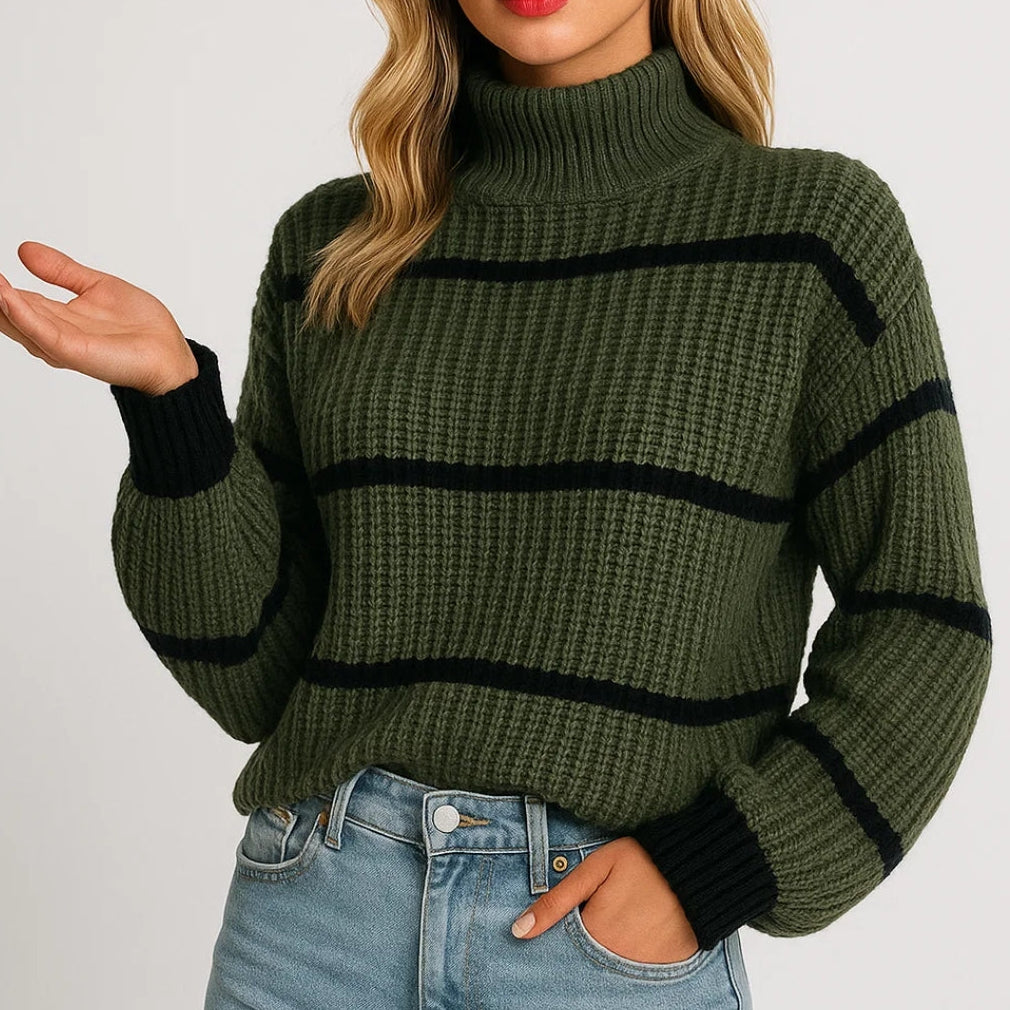 DEVINA | RIBBED STRIPE STAND-NECK SWEATER
