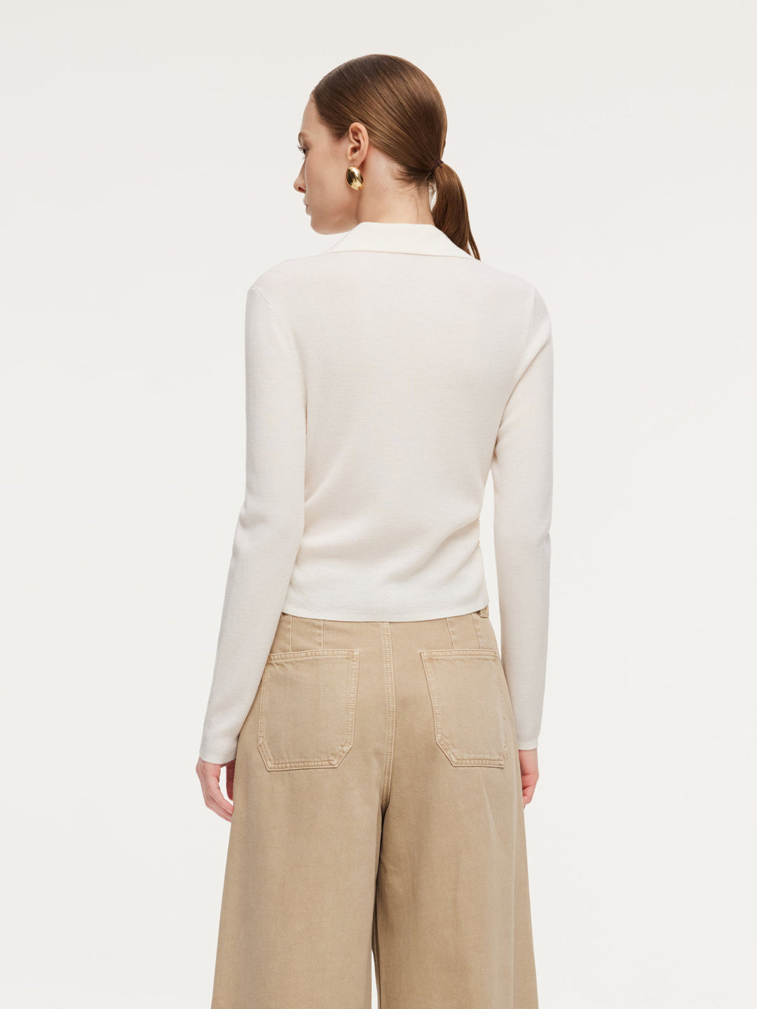 100% Wool V-Neck Ruched Women Polo Knit Top GOELIA