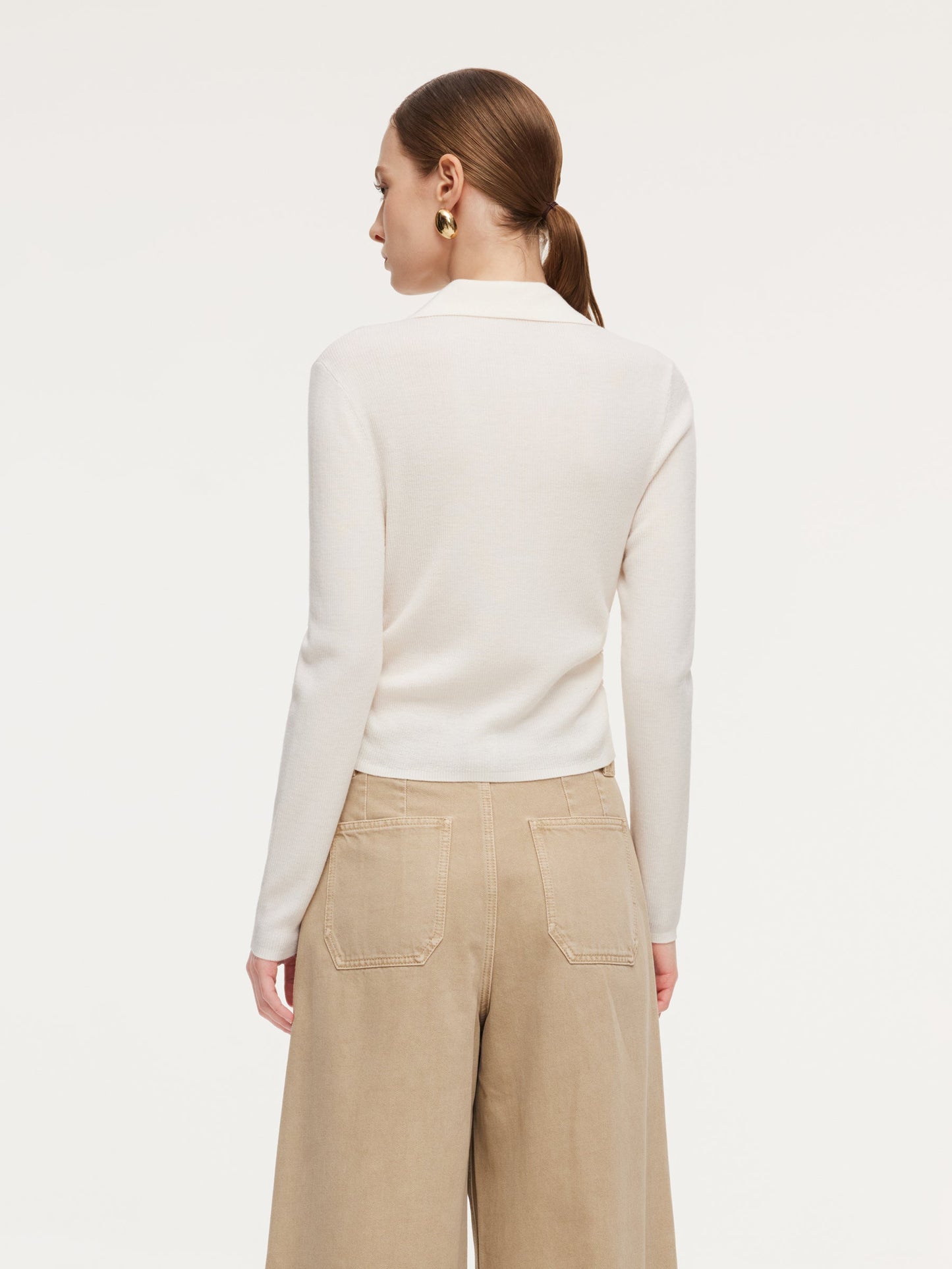 100% Wool V-Neck Ruched Women Polo Knit Top GOELIA