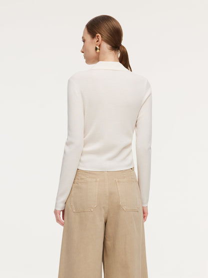 100% Wool V-Neck Ruched Women Polo Knit Top GOELIA
