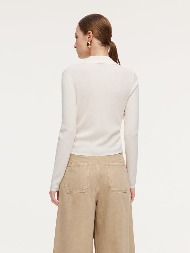 100% Wool V-Neck Ruched Women Polo Knit Top GOELIA
